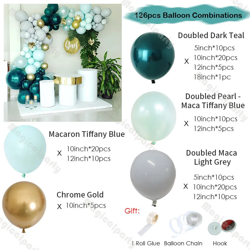 126pcs Doubled Dark Pearl and Blue Teal Grey Gold Balloon Garland Arch Kit Baby Shower Gender Reveal Birthday Party Favors