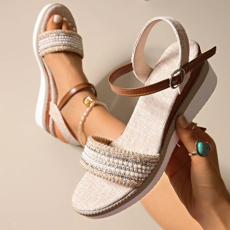 Vintage Fringe Platform Sandals for Women Casual Brown Wedge Sandals Women Summer Buckle Decor Weightlight Flat Sandalias Mujer