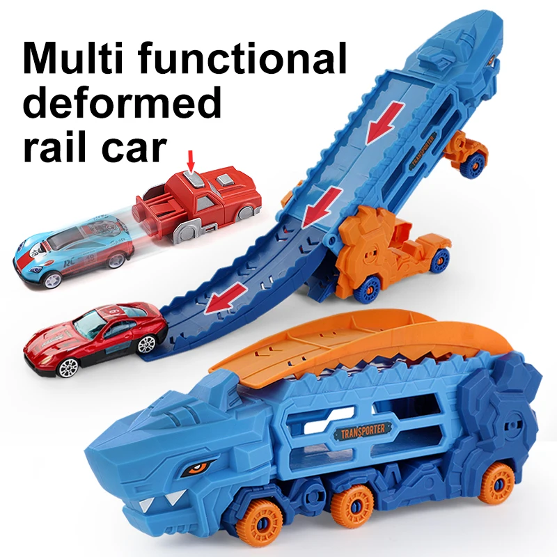 Wielofunkcyjny zestaw zabawek z deformowanymi wagoneskami: tor dla dinozaurów, transformujące się samochody i rampa startowa - idealny na Boże Narodzenie, Halloween