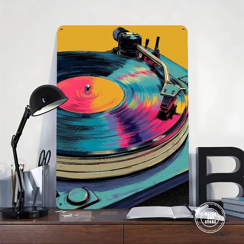 Turntable With Vinyl Record Personalized 3D Textured Metal Poster Wall Art Vintage Tin Signs for Modern Home Decoration Luxury