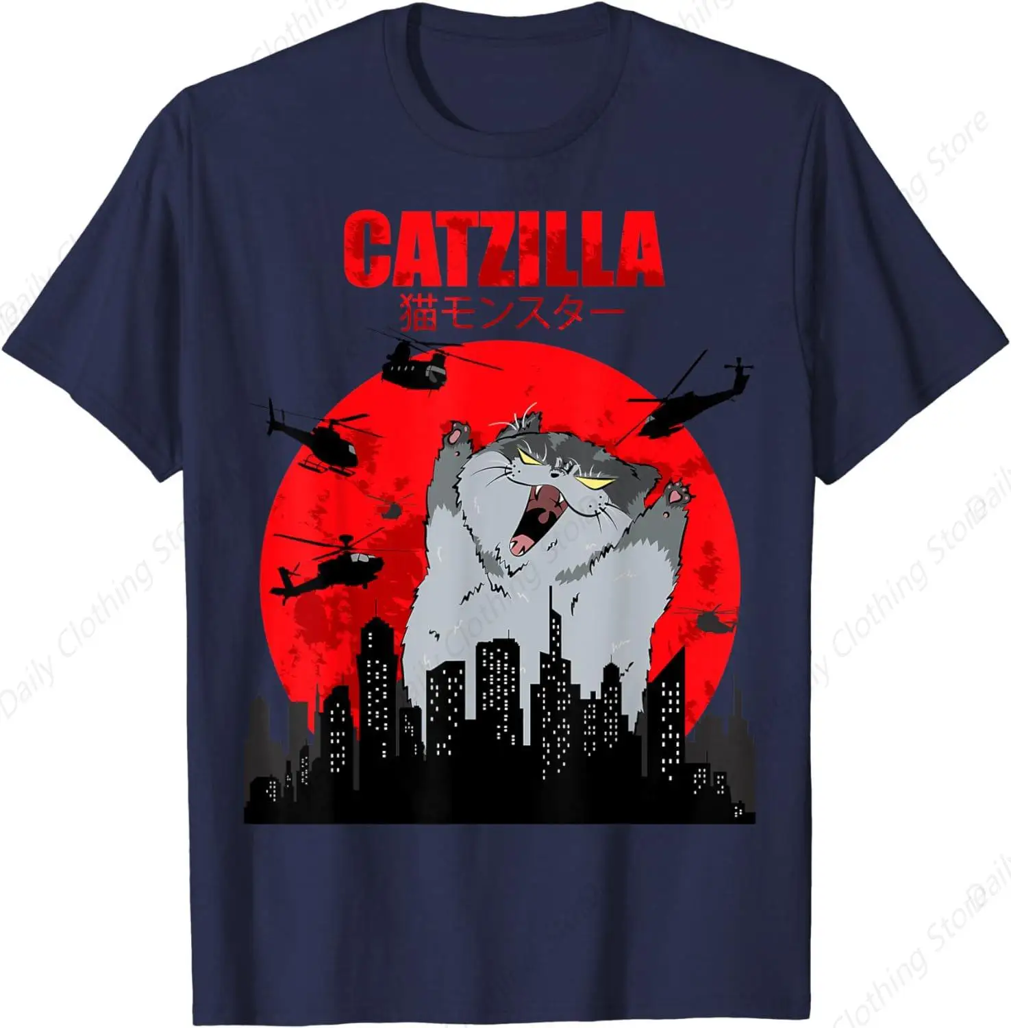 Funny Cute Art Japanese Cat Graphic For Cats Lover Catzilla T-Shirt Cotton Tee Daily Soft Unisex Clothing