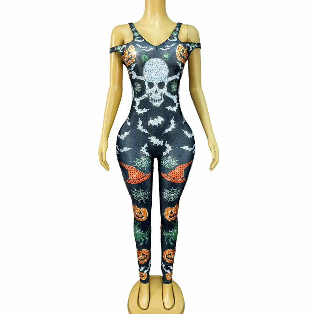섹시한 할로윈 프린팅 반짝이는 라인스톤 장식 점프수트 파티 축하 쇼 클럽 의상 무대 공연복