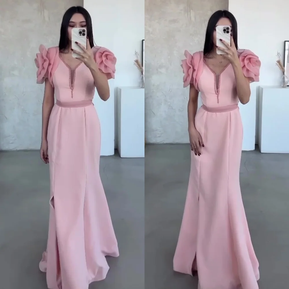 Vestidos de quinceañera elegantes personalizados con cuello en V, sirena, barrido/cepillo, vestido para ocasiones formales de flores, vestidos para eventos especiales