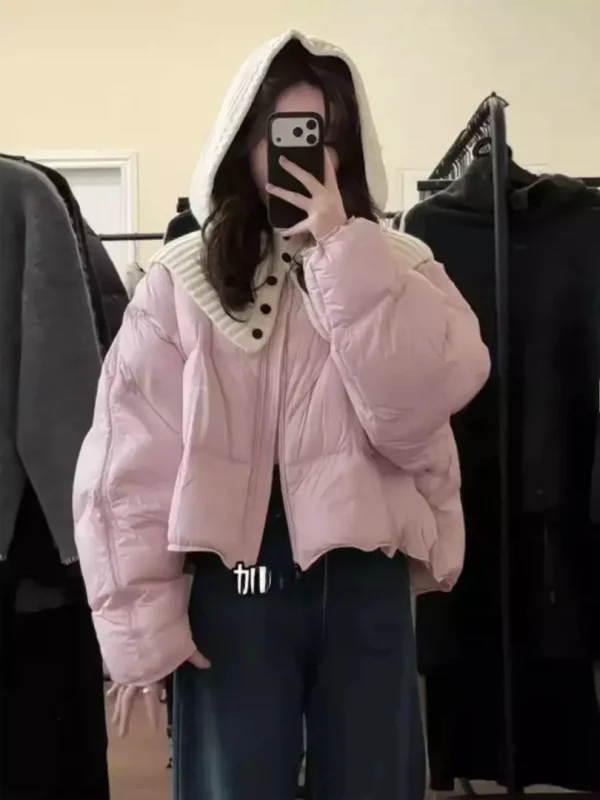 

Sweet Korean Sle Pink Cotton Jaet Women's Winter New Loose Warm Detachable Hood Knitted Outerwear Faionable Commute