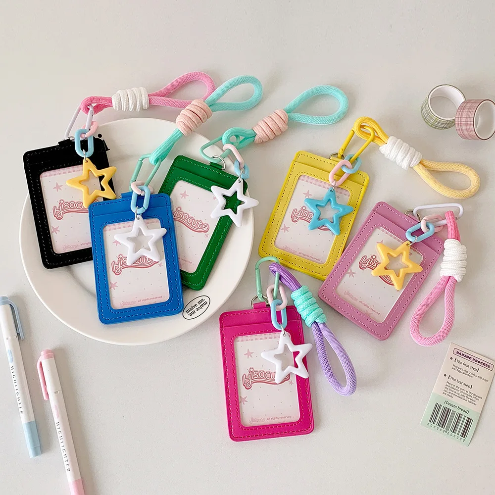 Casual PU Leather ID Card Case with Transparent Front Window and Star Charm Lanyard Strap Versatile Badge Holder for Daily Use