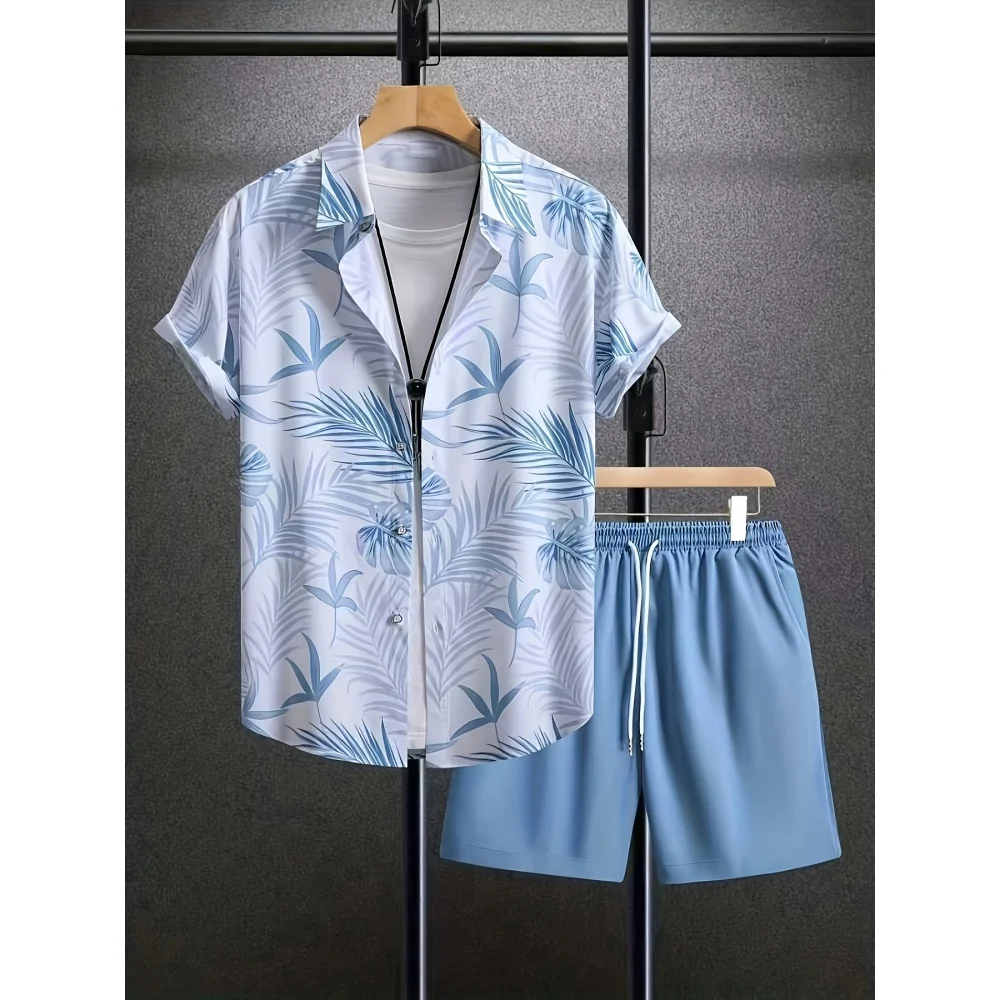 

Summer Man Set Coconut Tree Fresh Flower Pattern Men's Short-Sleeved Button Shirt Summer Seaside Beach Vacation Hawaiian Shirt