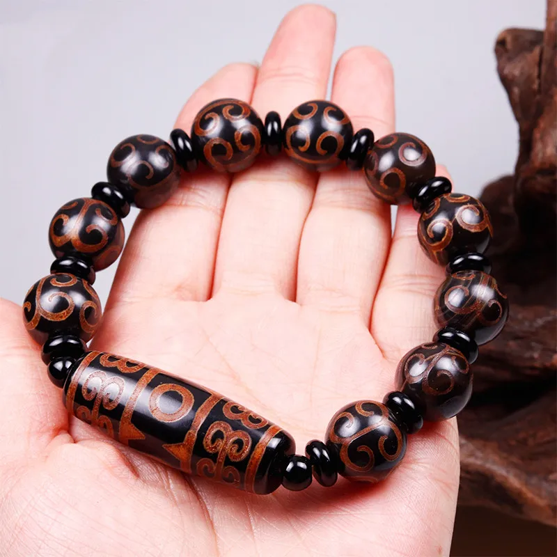 Natural Tibetan dzi bead agate black lava Buddha statue quartz bracelet men and women retro cure nine eye stone tiger eye bracel