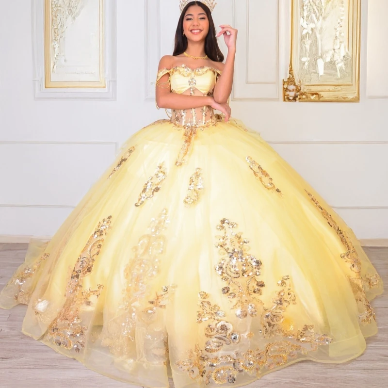 

Желтое блестящее платье принцессы Sweet 16, платье Quinceanera, платья с аппликацией, кружевными бусинами, тюлевые платья для вечеринки, дня рождения, 15 De Anos
