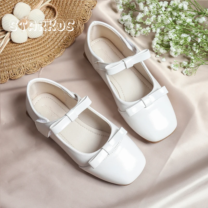 Patent Leather Bowknot Mary Jane Shoes Kids Cute Bows Ballet Flat Girls Children Solid White Black School Zapatos with Hook Loop