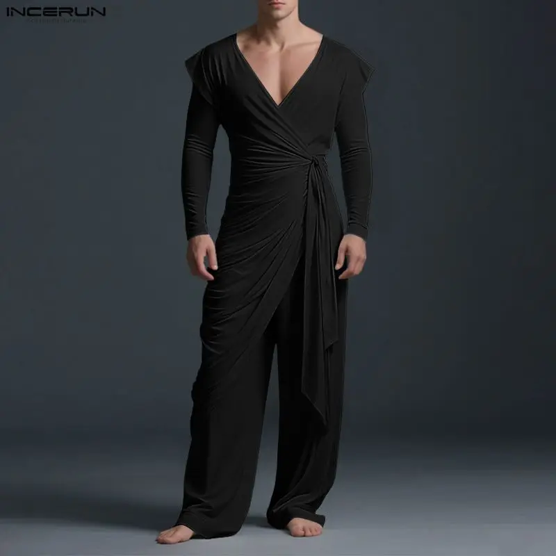 INCERUN مجموعات الرجال الصلبة مطوي الخامس الرقبة طويلة الأكمام نمط طويل قميص وسراويل قطعتين مجموعات الشارع الشهير موضة الرجال الدعاوى غير رسمية