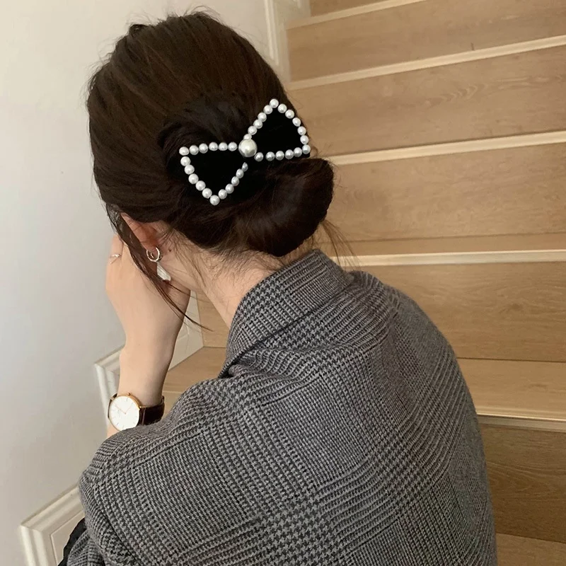 Lazo de terciopelo negro perla Vintage, bandas elásticas para el cabello, accesorios para el cabello para mujeres y niñas, soporte para cola de caballo, lazos para el cabello, Scrunchie