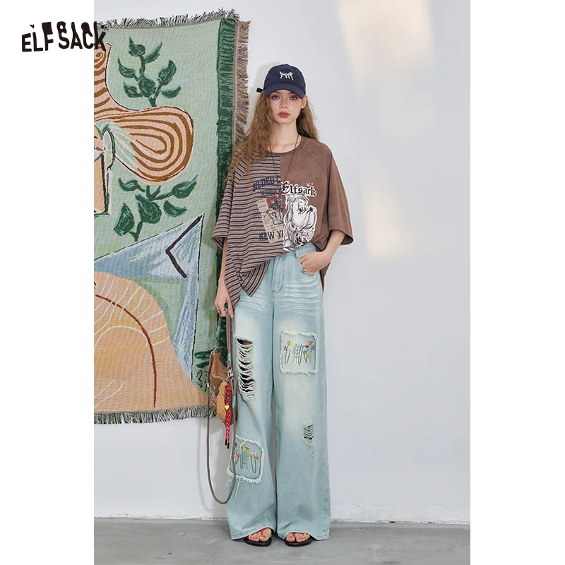 ELFSACK 2025 Summer New Arrivals casual Light-coloured Distressed embroidery wide-leg jeans empire straight embroidery wide-leg