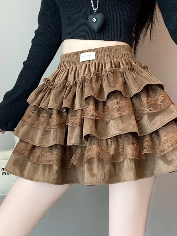 Zoete en pittige kanten rand ort rok hoge taille A-lijn gezwollen f-lengte dames Ciwalk polyestervezel elastische taille