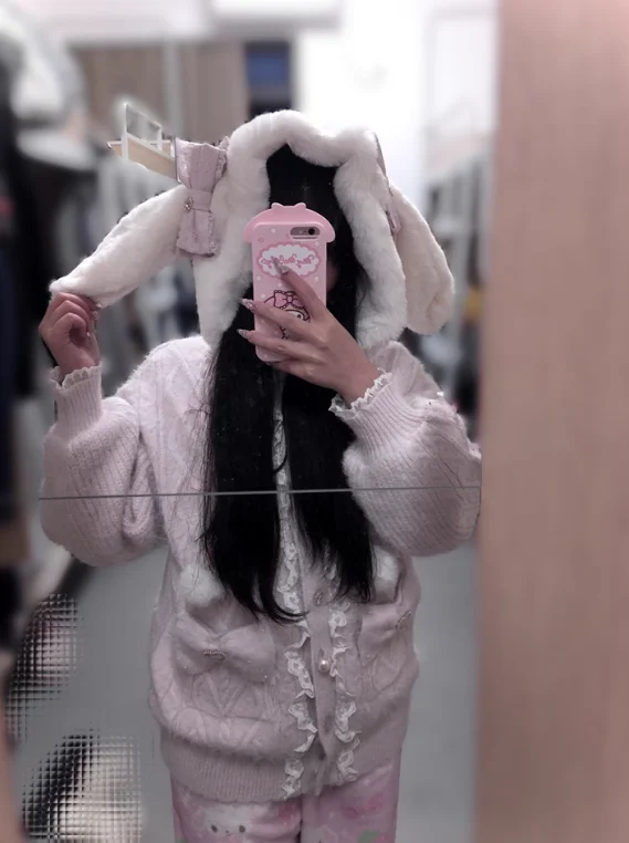 

Women's Cardigan Coats Japanese Style Liz Sweet Bowknot Rabbit Ear Knitted Coat Cute Elegant Plush Warm Sweater Top Winter