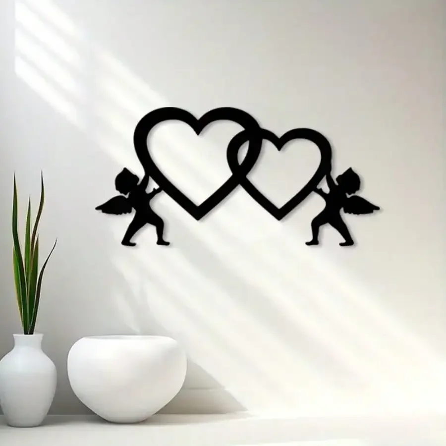 CIFBUY Elegant Interlocking Hearts Iron Wall Decor, Double Hearts Silhouette Metal Wall Hanging for Bedroom Interior Decoration