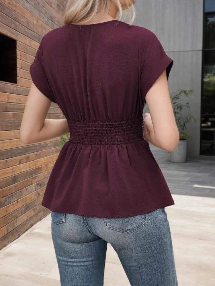 Summer Solid Color Pullover Women Shirt Fashion Deep V-neck Slim Waisted Office Tops Elegant Lady Casual Blouse Elegant Blouse
