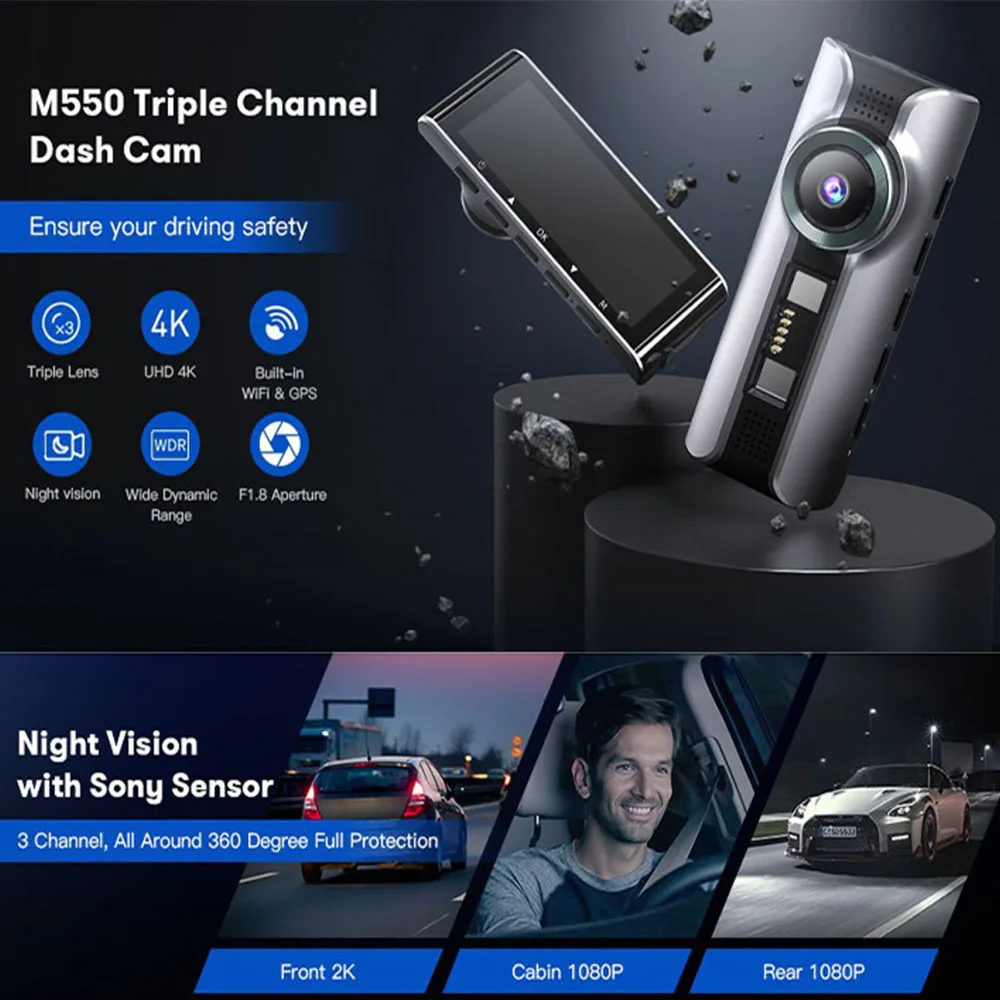 M550 Dash Cam 3 Channel Car DVR 4K+1080P Auto Video Camera Built-in WiFi GPS with 64GB/128GB SD Card IR Night Vision