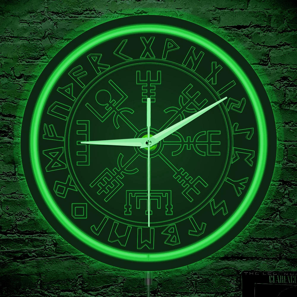 Vegvisir Wayfinder Compass LED Lighting Wall Clock For Man Cave Scandinavian Home Decor Viking Symbols Runes Luminous Wall Clock