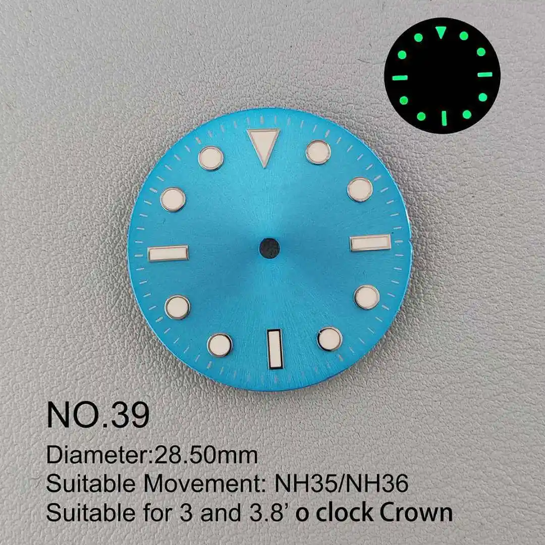 28.5mm NH35 Sterile Dial Watch Face Fit NH35 NH36 Automatic Movement Single Calendar Green Luminous Customizable Logo Dial