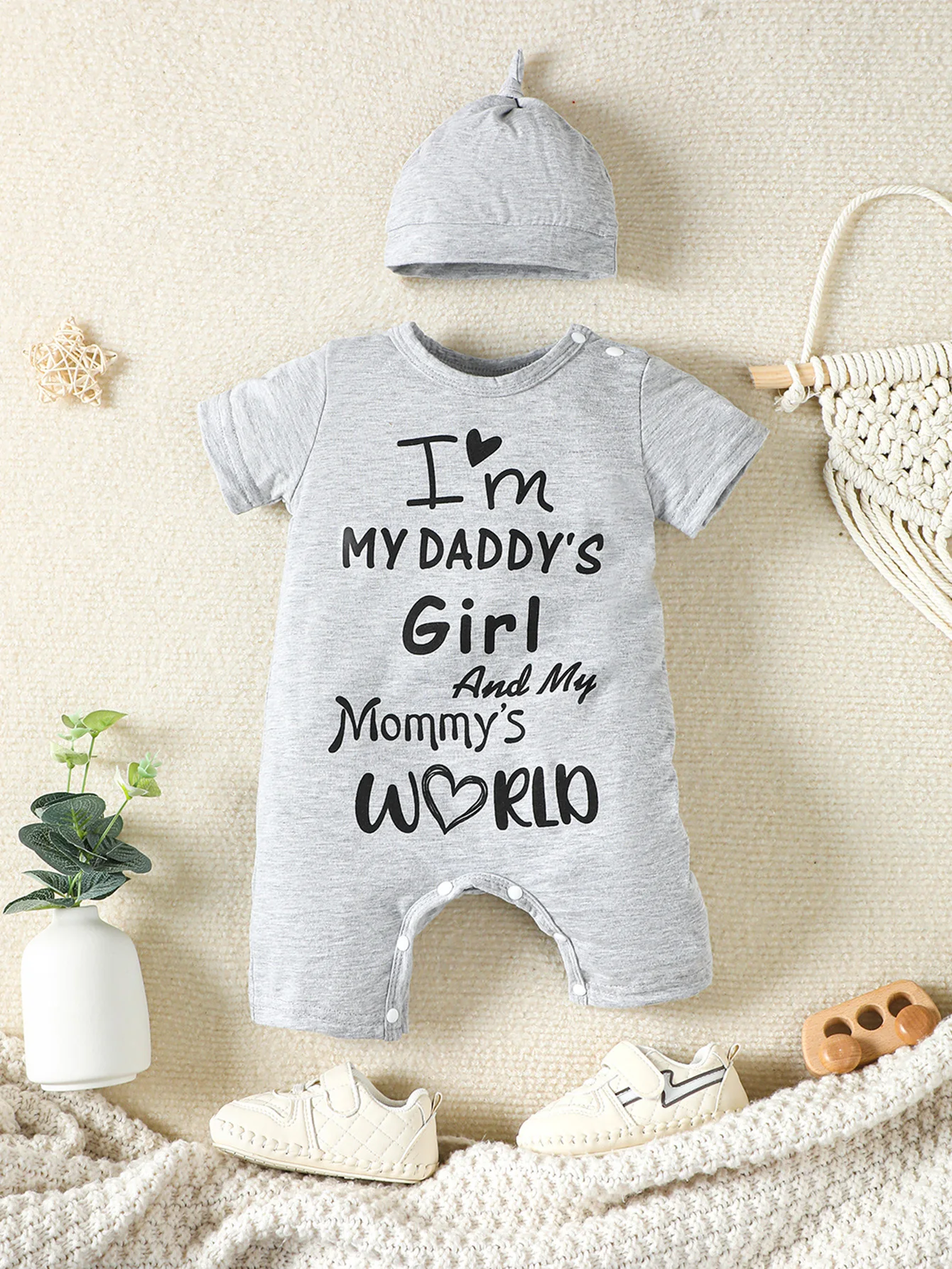 Summer Cute Girl Baby Gray Letter-Printed Shirt Short Sleeve Round Neck Simple Jumpsuit Children Baby Two-Piece Jumpsuit