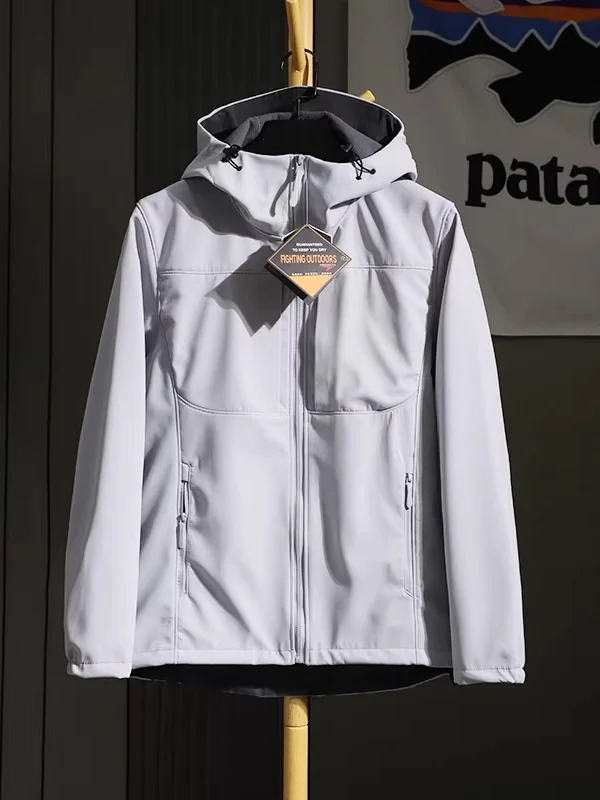 Unisex Outdoor Soft  Jacket Windproof Water Resistant Wearable Polyester Fiber Hooded Coat for Hiking Camping Traveling