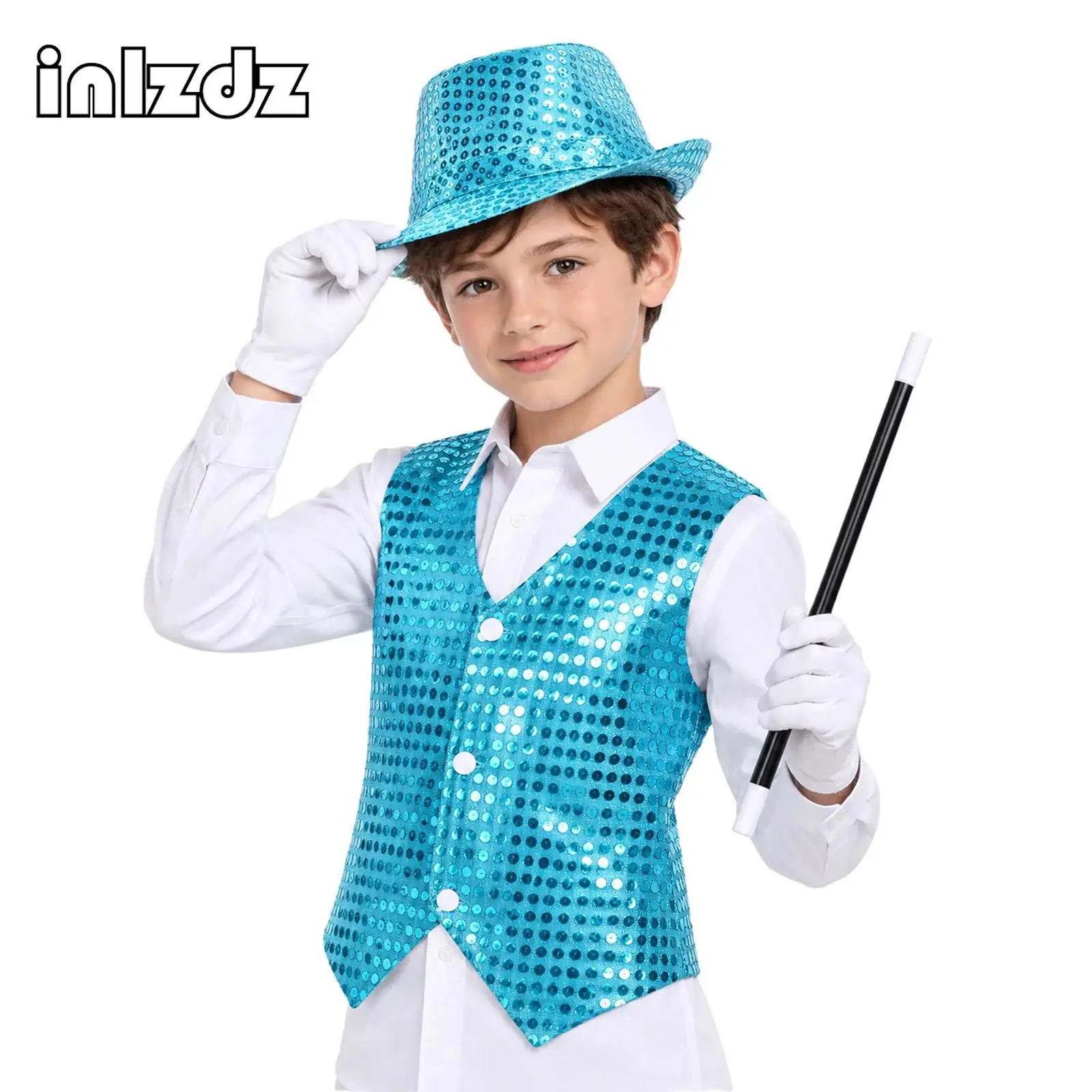 Kids Boys Girls Latin Jazz Hip Hop Dance Set Vest Waistcoat Hat Gloves Wand Disco Party Fancy Dress Up Choir Performance Costume