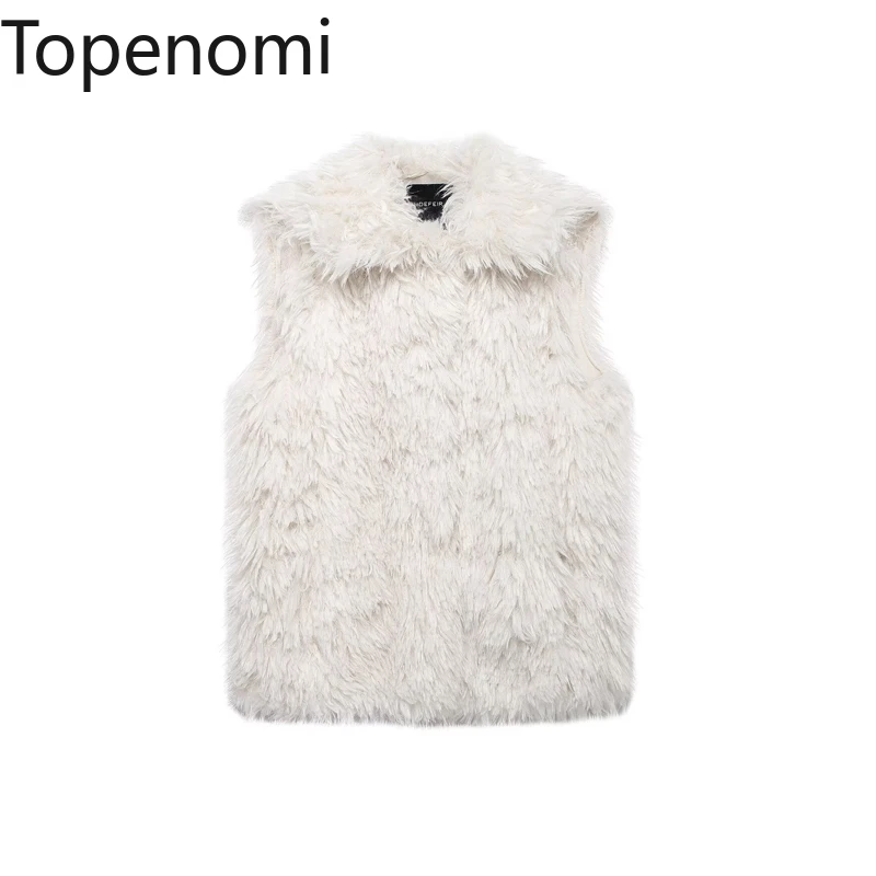 Topenomi Faux Fur Vest Women Luxury Fashion Lapel Sleeveless Slim Short Jacket 2024 Autumn Winter All Match Solid Pullover Top