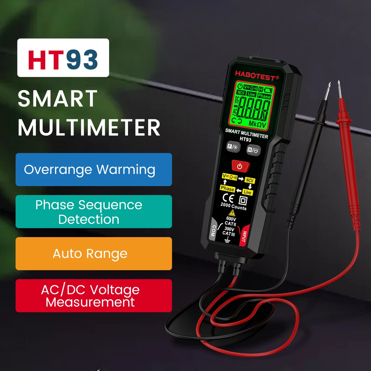 Digital Multimeter 2000 Counts Ohmmeter Auto-Ranging Accurately Measures AC/DC Voltage Resistance Tester with NCV Live Wire Test