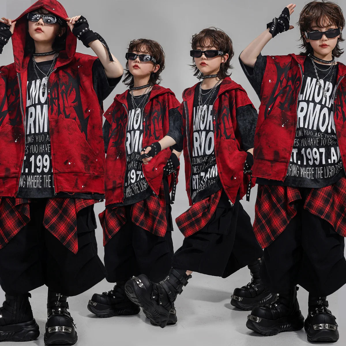 Boys Hip Hop Dancing Graffiti Hooded Vest Sweatshirt Street Dance Short Girls K-pop Costume Kids Streetwear Children Clothes Set