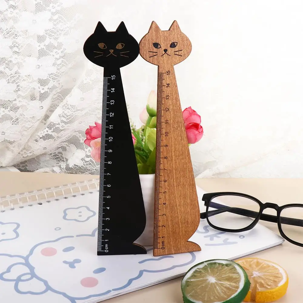 15cm/5.9inch Portable Wooden Household Cartoon Cat Cute Student Tools Sewing Ruler Drawing Ruler Straight Ruler