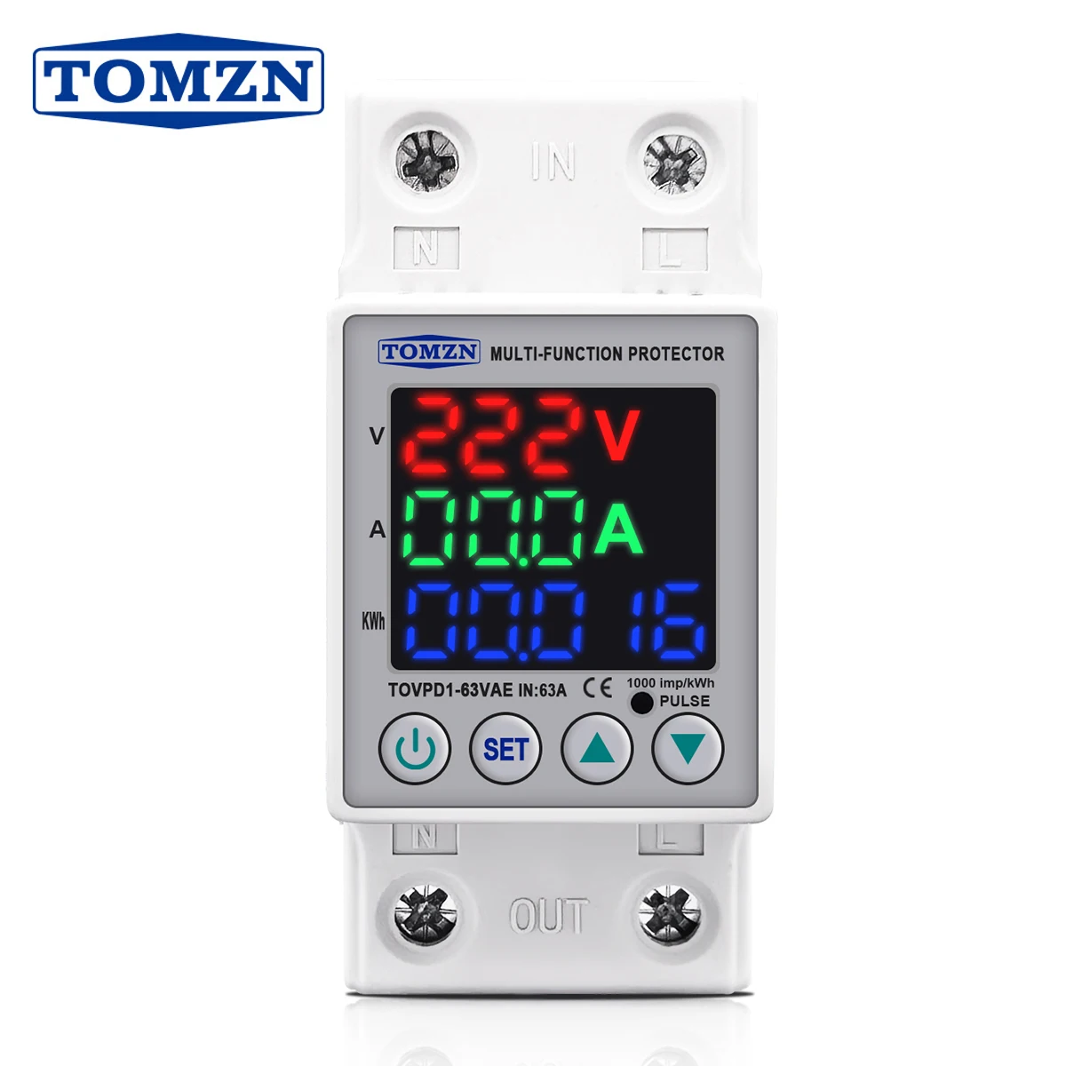 TOMZN 63A 230V Din rail adjustable over under voltage protective device protector relay with current protection energy merter