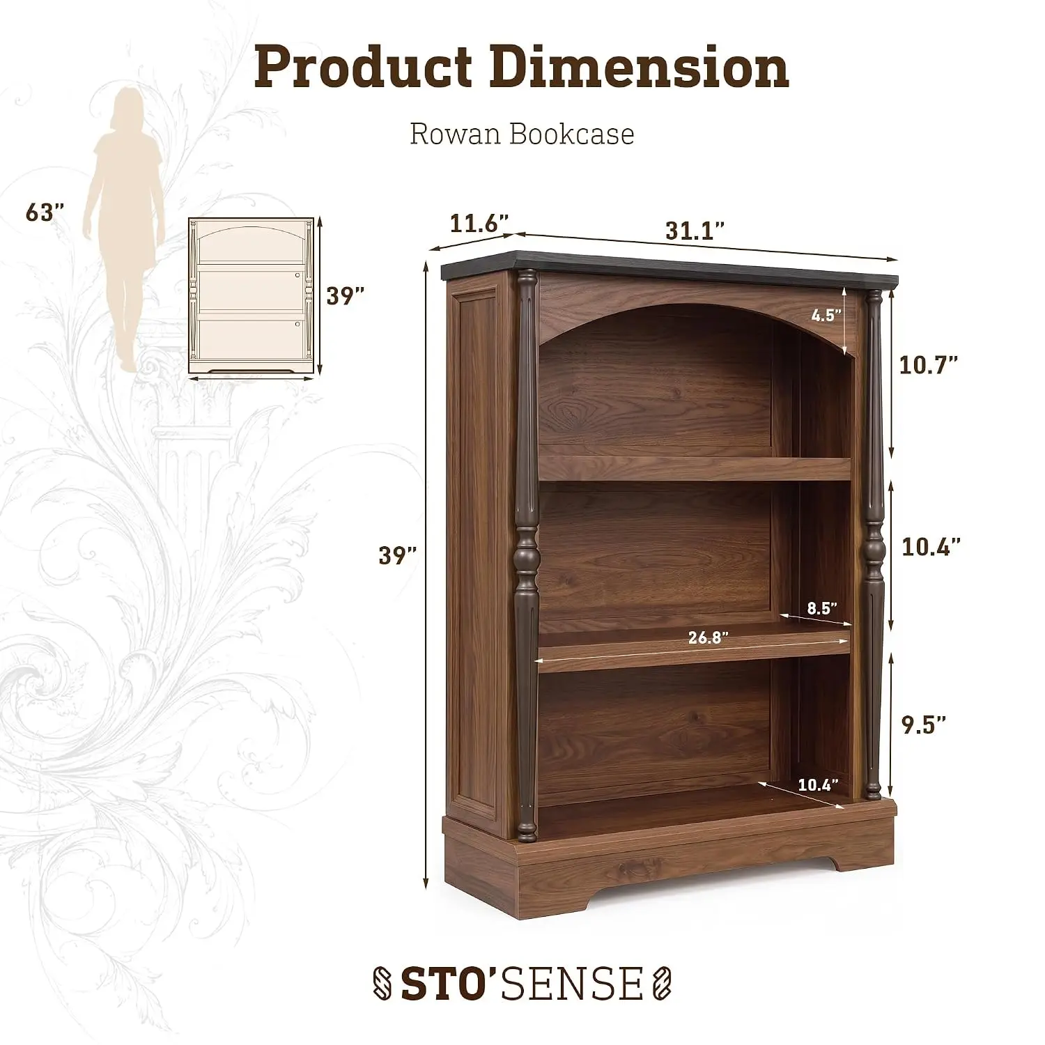 3-Tier Arched Bookcase LED Lights & Wood Columns, Open Display Shelf for Home Office & Living Room, Walnut, Customized