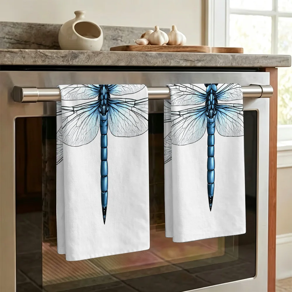 1pc/2pcs Printed Blue Dragonfly Kitchen Towel-Super absorbent, reusable polyester dishcloths perfect for home decor, cooking, ba