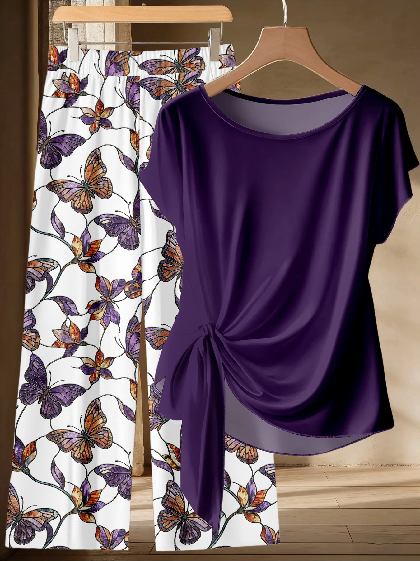 Summer Comfortable Casual Plus Size Purple Twisted Top Butterfly Print Wide Leg Pants Long Pants Set Women's Two-Piece Set