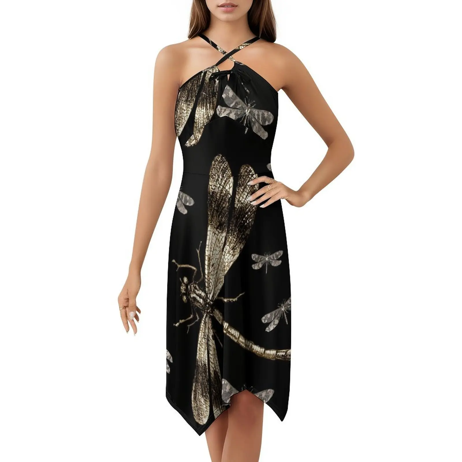 Capung Emas |   Gaun Liburan Seksi Seni Capung Antik untuk Wanita Gaun Mini Pesta Pantai Ulang Tahun Capung Emas