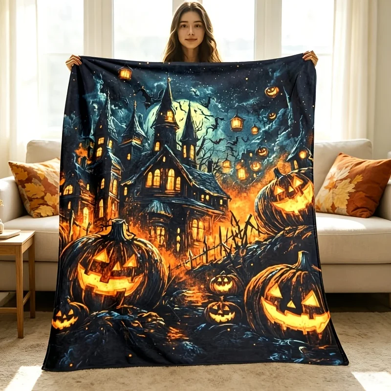 Large Halloween Spooky Haunted Mansion Pumpkin Throw Blanket Fall Autumn Decoration Polyester Cozy Night Gift for Party