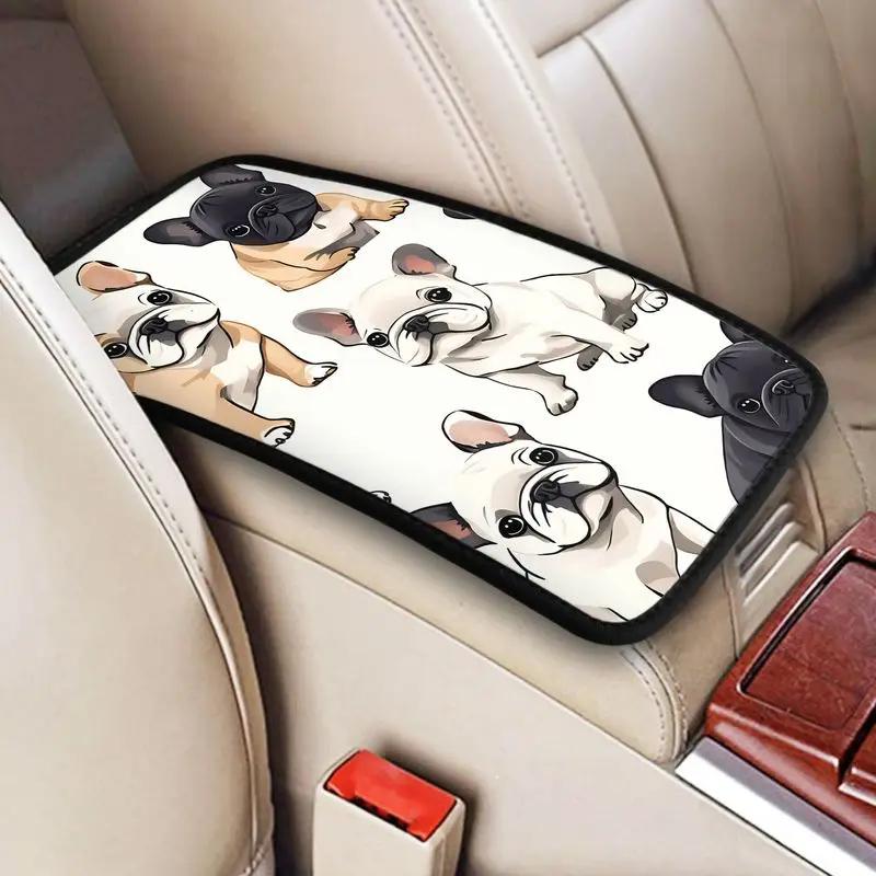 1Pcs Car Armrest Cover + 2Pcs Cup Coasters, Cute French Bulldog Pattern, For Car Interior Accessories