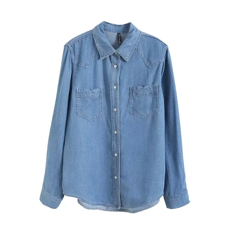 Herfst Lyocell Denim Shirt Vrouwen Retro Casual Losse Tops Meisje Lange Mouw Mode Blouses 2024 Lente Nieuwe T43297qm