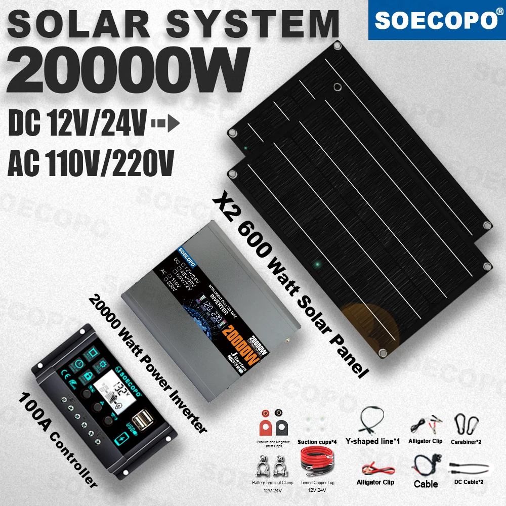 

Off-Grid Dual-Voltage Flexible 20000W Solar Kit 2×600W Panel 100A Controller 12V/24V DC 110V 220V AC Inverter for RV Van fish