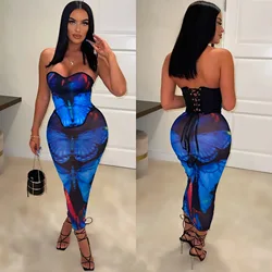 SKMY 여성용 끈이없는 자르기 탑 나비 인쇄 Bodycon 스커트 섹시한 레이스 업 복장 중공 여름 패션 새로운 2 개