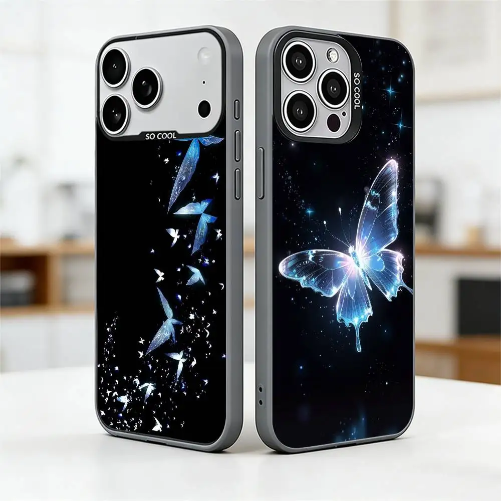 

Aesthetic Blue Butterfly Phone Case For iPhone 17,16,15,14,13,12,11 Plus,Pro Max,XS,Colored Silver Plated Inside Cover