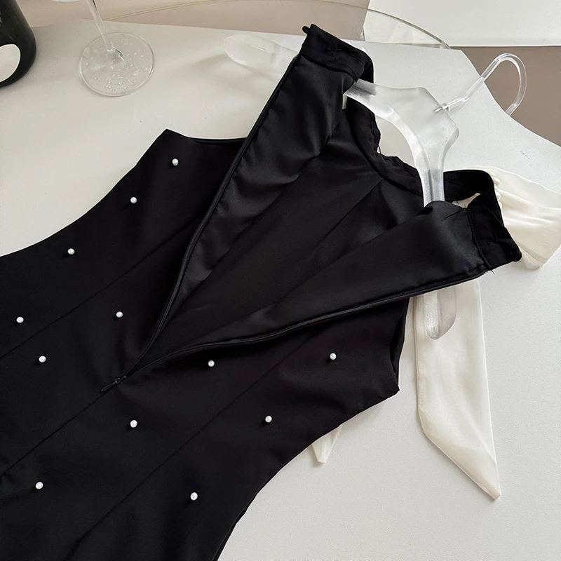 Women'S O-Neck Beaded Color Block Black Mini Skirt Summer Sleeveless Chic Dress