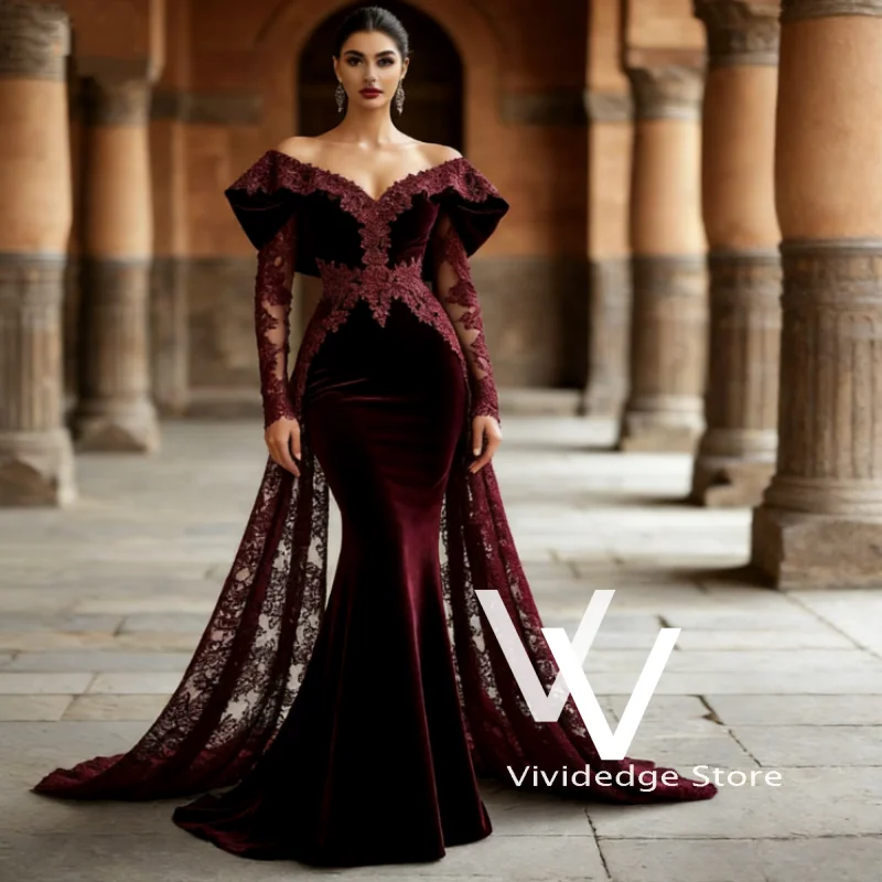 Burgundy Mexican Style Fishtail Prom Dresses Strapless Lace Appliques Long Sleeve With Trailing Women's Evening Gowns Customized