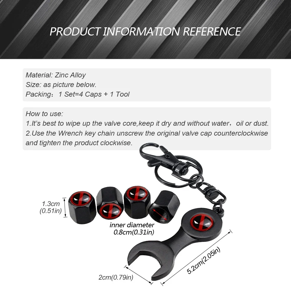 4pcs Miniso Anime Cartoon Marvel Deadpool Car Wheel Tire Valve Stem Caps Air Covers with Wrench for BMW Audi Dodge Hyundai Mazda - view 4
