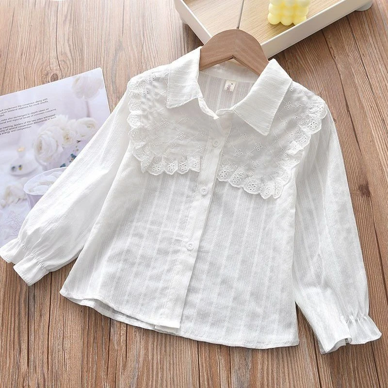 

Рубашка с длинными рукавами и кружевной отделкой для девочек, весенне-осенний топ в корейском стиле, новый модный топ