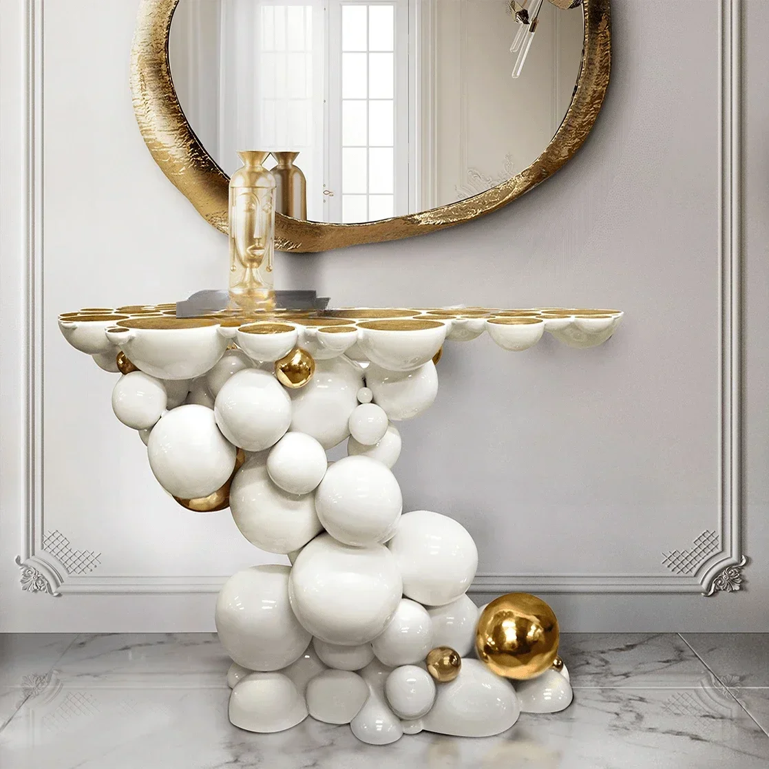 Custom Design Modern Luxury Stainless Steel Metal White And Gold Console Table With Mirrored Entrance Channel