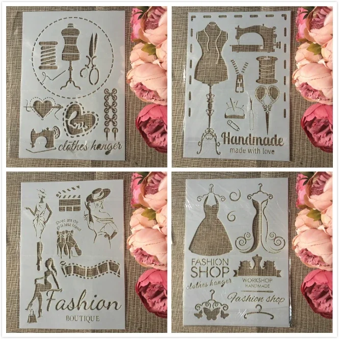 4Pcs/Set A4 Sewing Fashion Clothes DIY Layering Stencils Painting Scrapbook Coloring Embossing Album Decorative Template