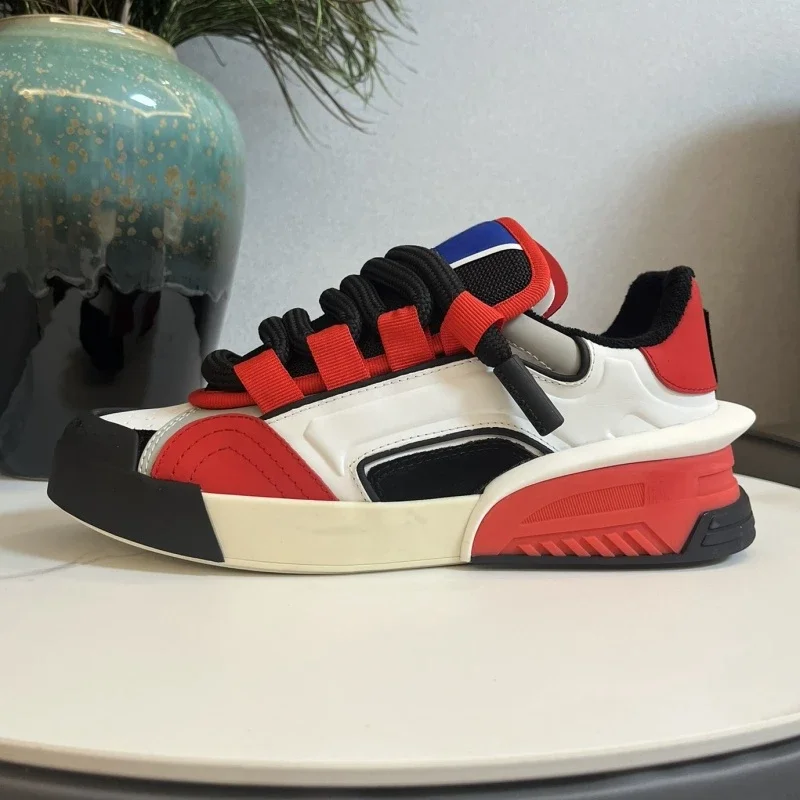 

2025 лаконичные мужские повседневные кроссовки из натуральной кожи, дышащие разноцветные лоскутные туфли на плоской платформе, спортивные повседневные прогулочные туфли