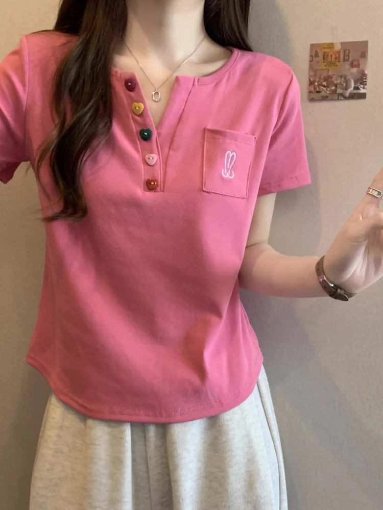 تي شيرت نسائي صيفي فضفاض من القطن الخالص بأكمام قصيرة ورقبة على شكل حرف v تي شيرت نسائي صيفي فضفاض غير رسمي على الطراز الكوري... #5