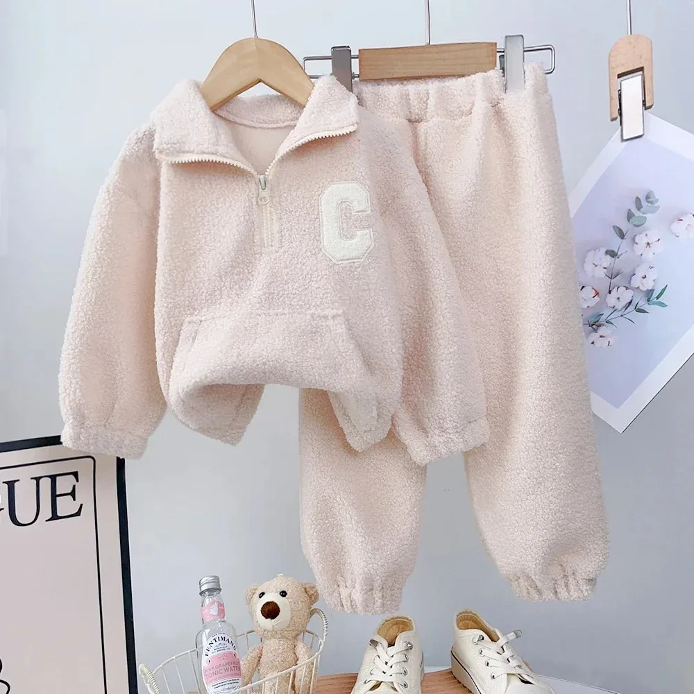 Vintage Green Girl Outfits Autumn/Winter Kids Clothes Girls Plush Long Sleeve Top and Pants Warm Two Piece Set